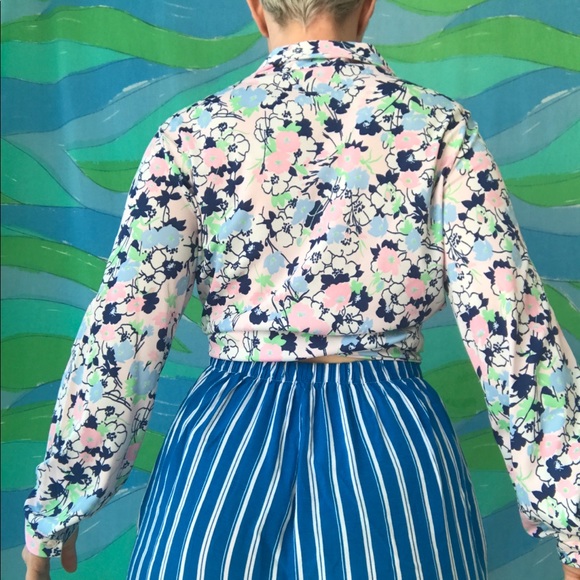 VINTAGE 70s pastel floral button front blouse - Picture 4 of 4